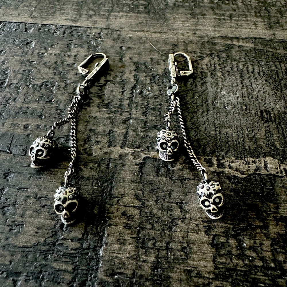 Bohemian style dangle drop sculls earrings in aged tone metal with rhinestones